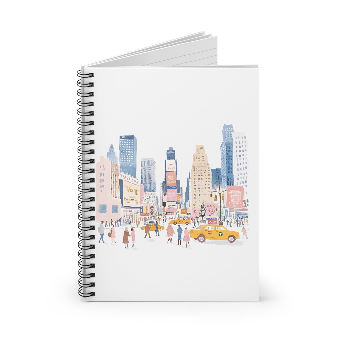New York City Watercolor Skyline Spiral Notebook — Ruled Journal with Times Square Illustration