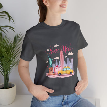 New York City Skyline T-Shirt – Cute Pink Taxi & Statue of Liberty Graphic Tee