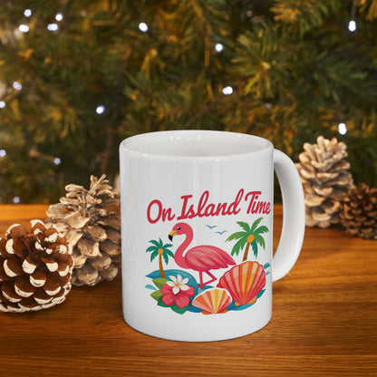 Tropical Flamingo Ceramic Mug — "One Time" Beach Shell Palm Design (11oz/15oz)