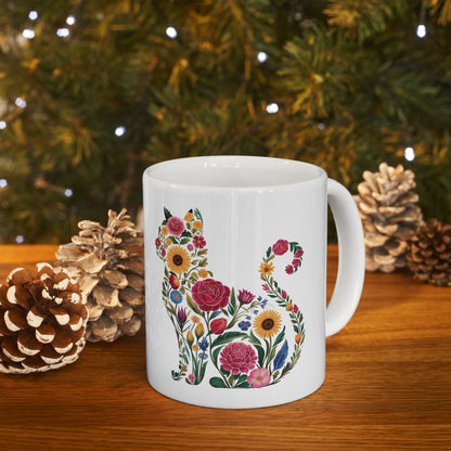Floral Cat Ceramic Mug – Colorful Botanical Cat Coffee Cup (11oz & 15oz)