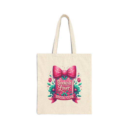 Bookish Lover Social Club Tote Bag — Cute Pink Bow Canvas Book Tote