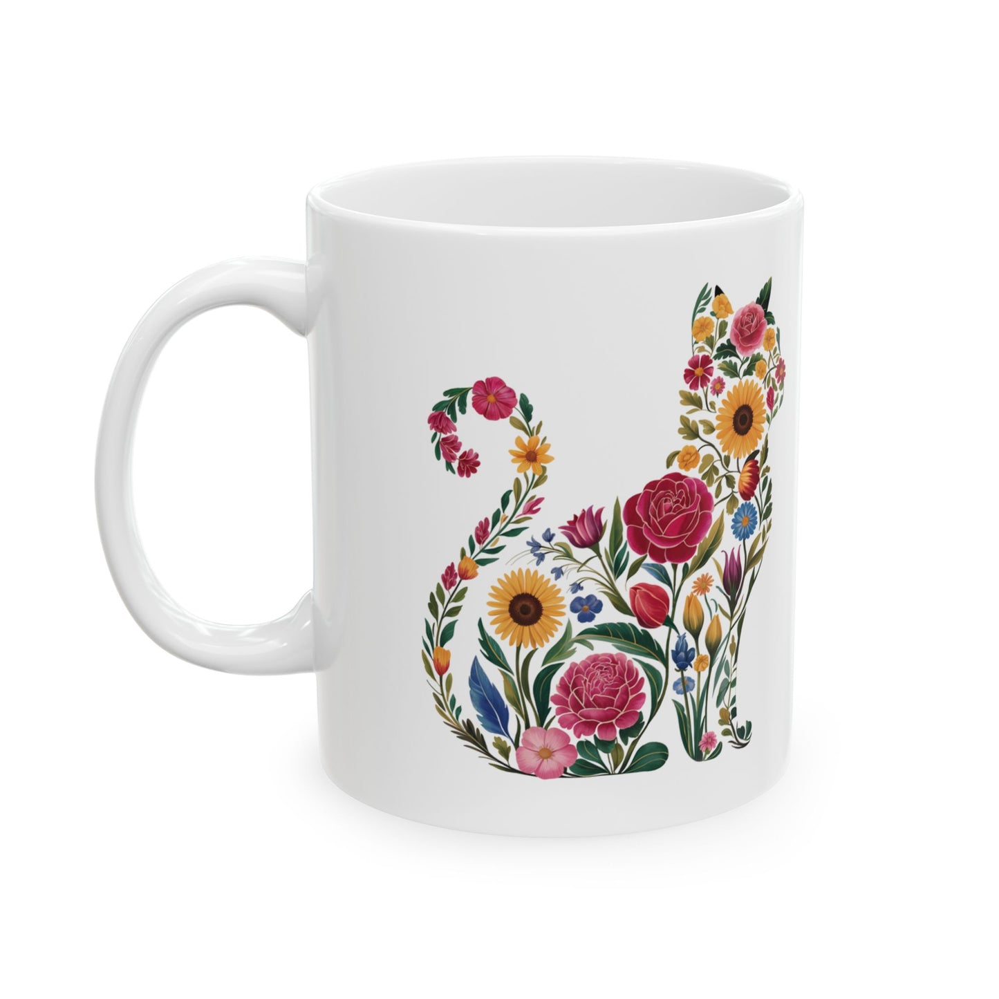 Floral Cat Ceramic Mug – Colorful Botanical Cat Coffee Cup (11oz & 15oz)
