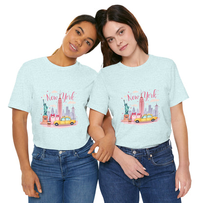 New York City Skyline T-Shirt – Cute Pink Taxi & Statue of Liberty Graphic Tee