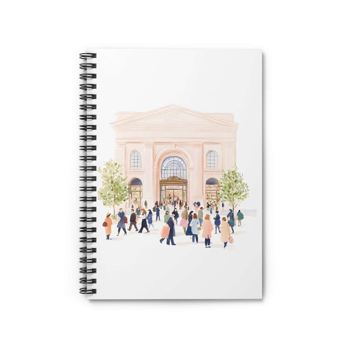 City Market Scene Spiral Notebook — Illustrated Crowd & Grand Building Ruled Journal