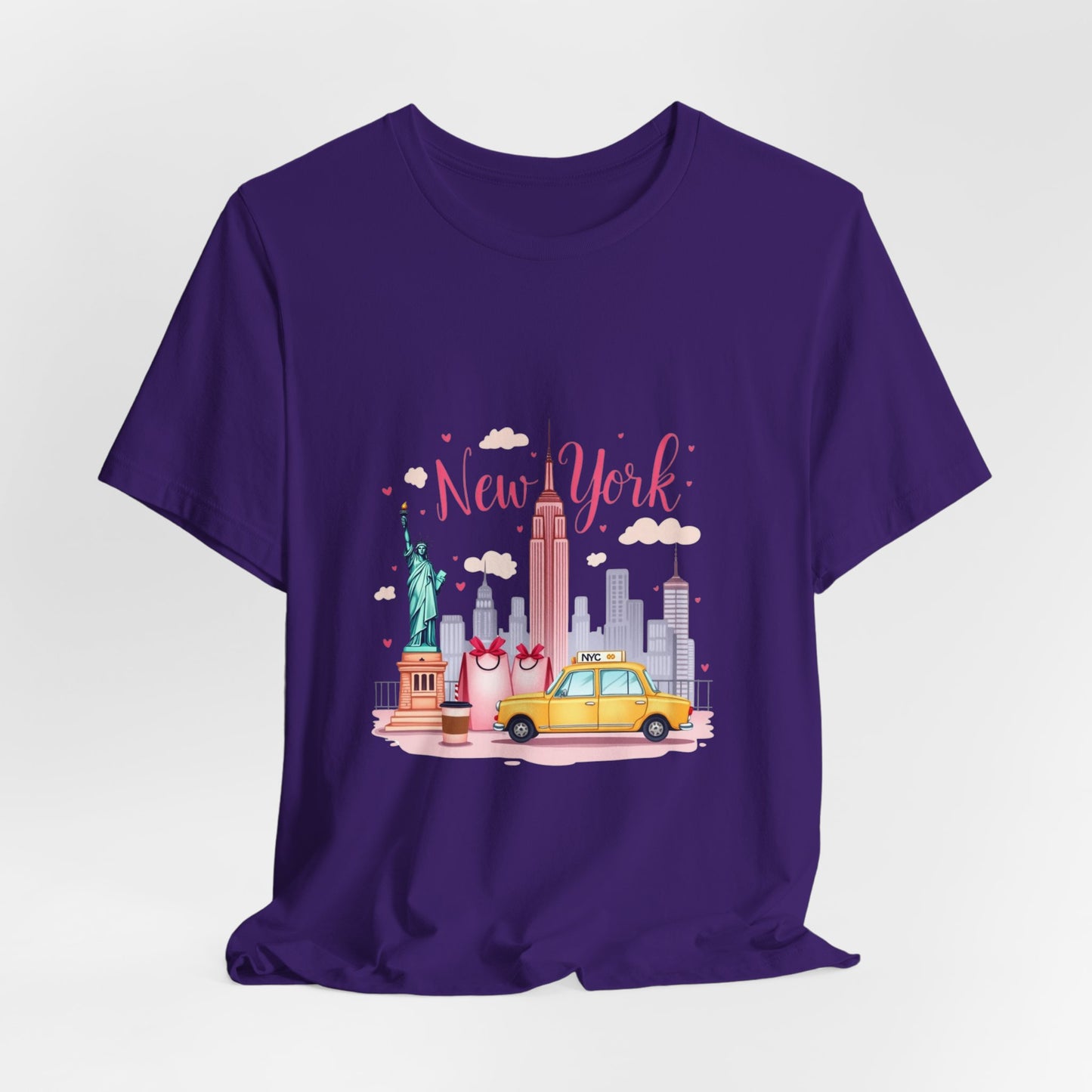 New York City Skyline T-Shirt – Cute Pink Taxi & Statue of Liberty Graphic Tee