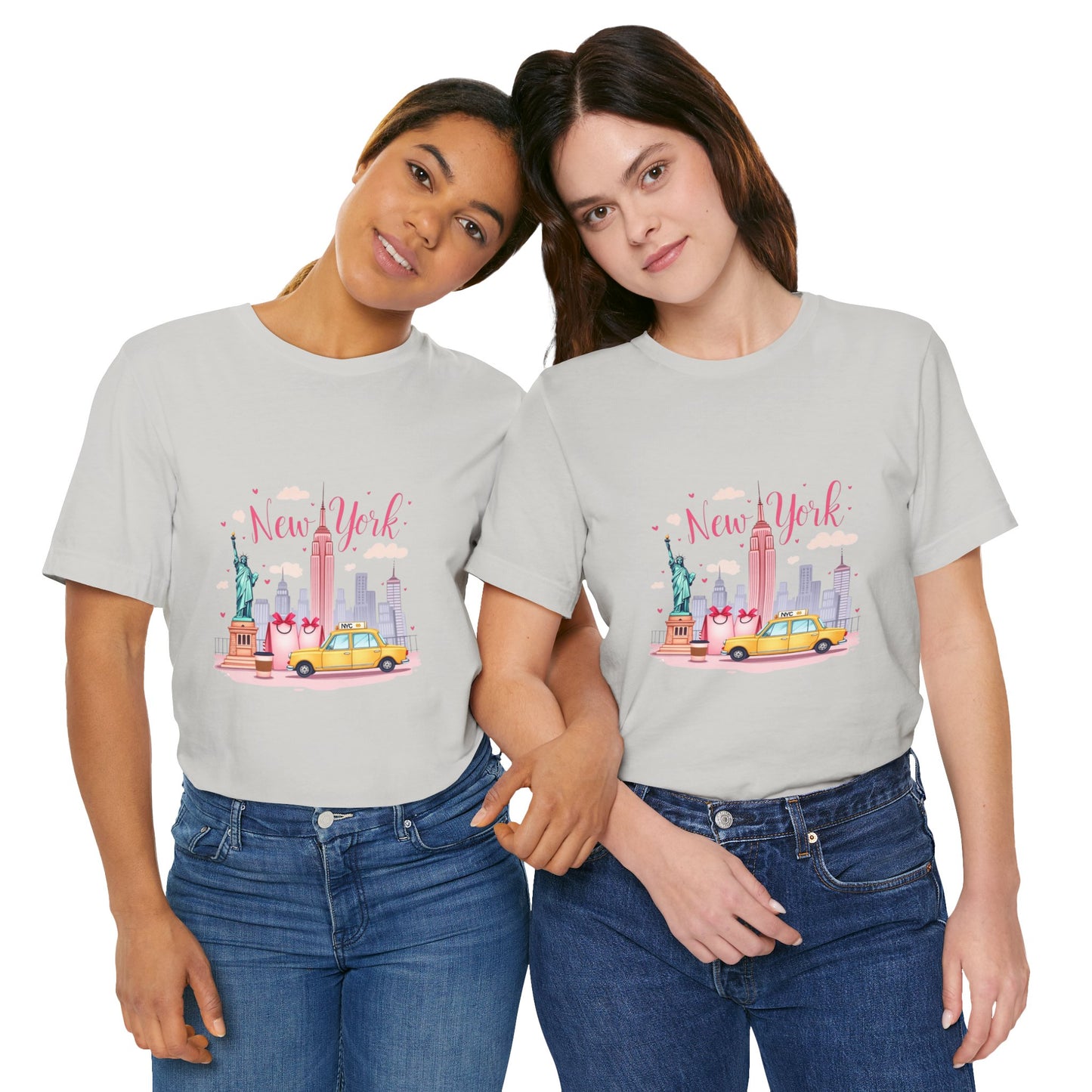 New York City Skyline T-Shirt – Cute Pink Taxi & Statue of Liberty Graphic Tee