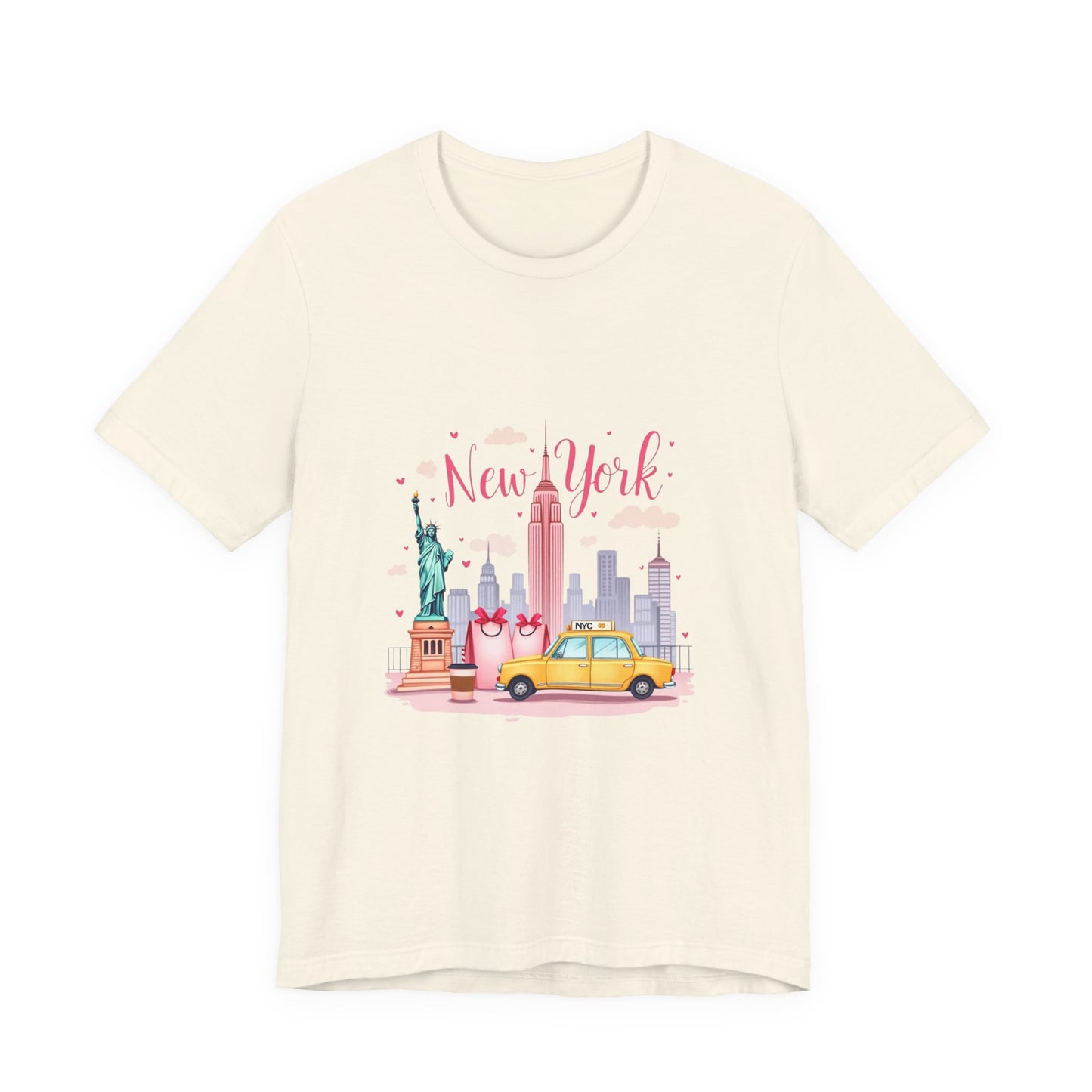 New York City Skyline T-Shirt – Cute Pink Taxi & Statue of Liberty Graphic Tee