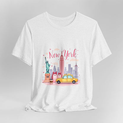 New York City Skyline T-Shirt – Cute Pink Taxi & Statue of Liberty Graphic Tee