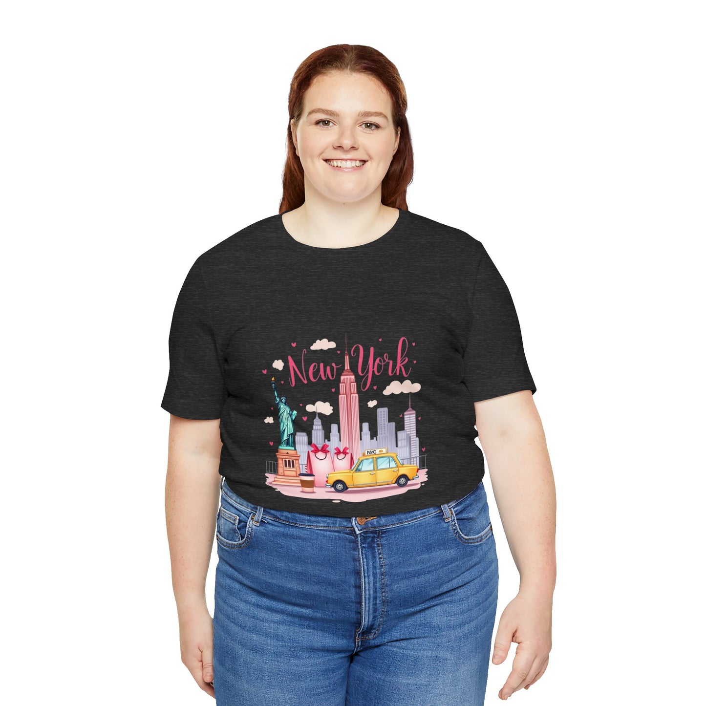New York City Skyline T-Shirt – Cute Pink Taxi & Statue of Liberty Graphic Tee