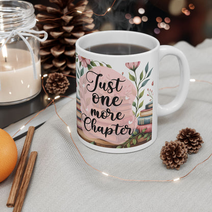 Book Lover Ceramic Mug – "Just One More Chapter" Floral Stack Coffee Cup (11oz/15oz)