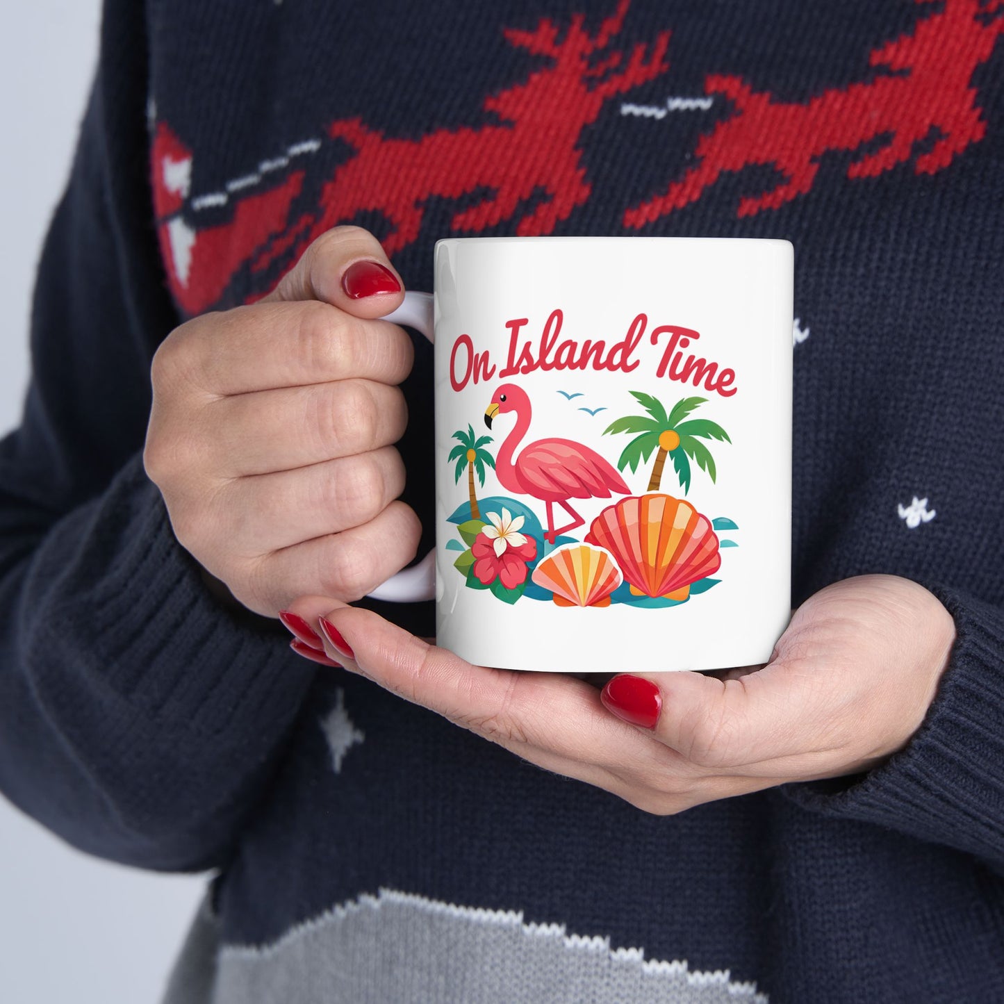 Tropical Flamingo Ceramic Mug — "One Time" Beach Shell Palm Design (11oz/15oz)