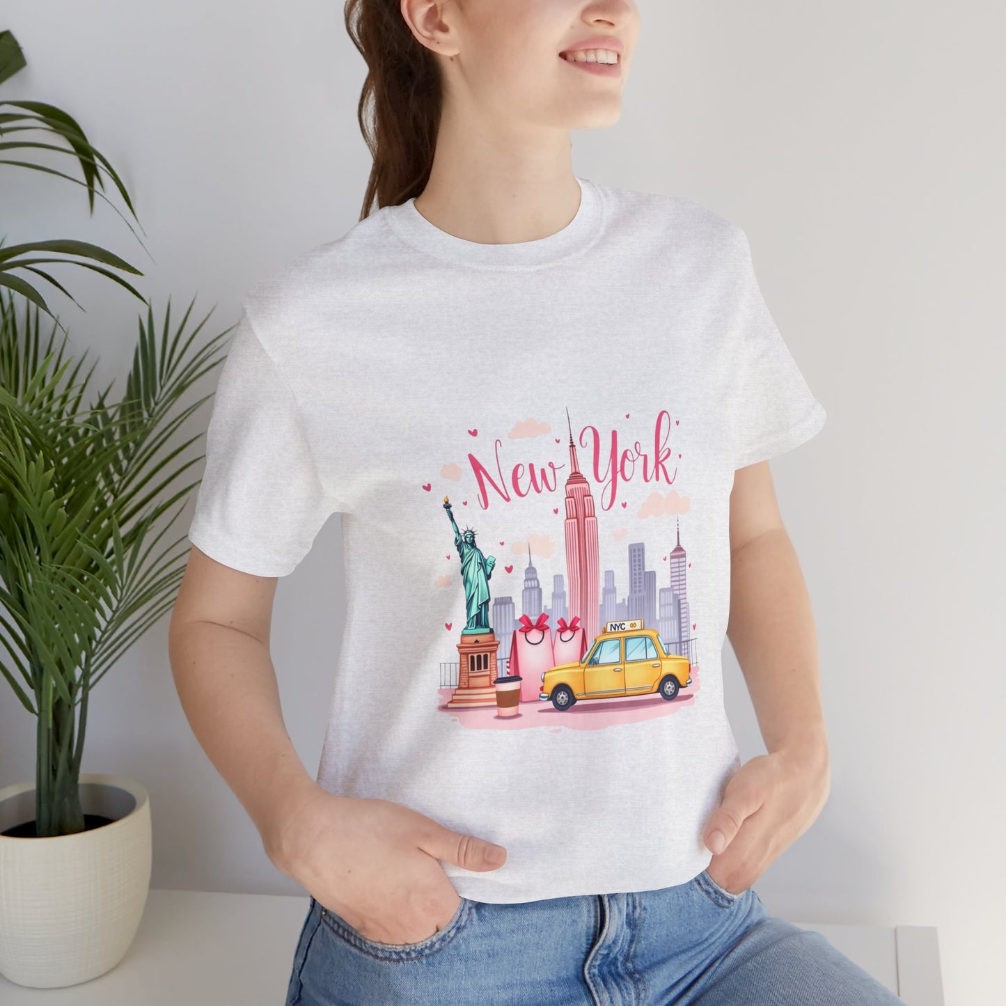 New York City Skyline T-Shirt – Cute Pink Taxi & Statue of Liberty Graphic Tee