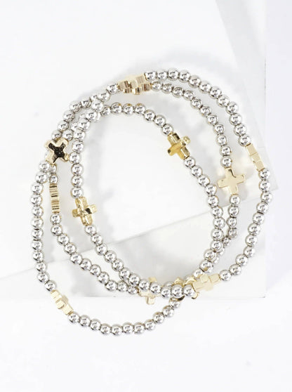 3PC-Set Metallic Beads Cross Stackable Stretch Bracelets: Gold Rhodium