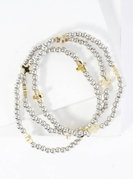 3PC-Set Metallic Beads Cross Stackable Stretch Bracelets: Gold Rhodium