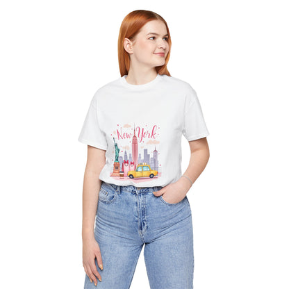 New York City Skyline T-Shirt – Cute Pink Taxi & Statue of Liberty Graphic Tee