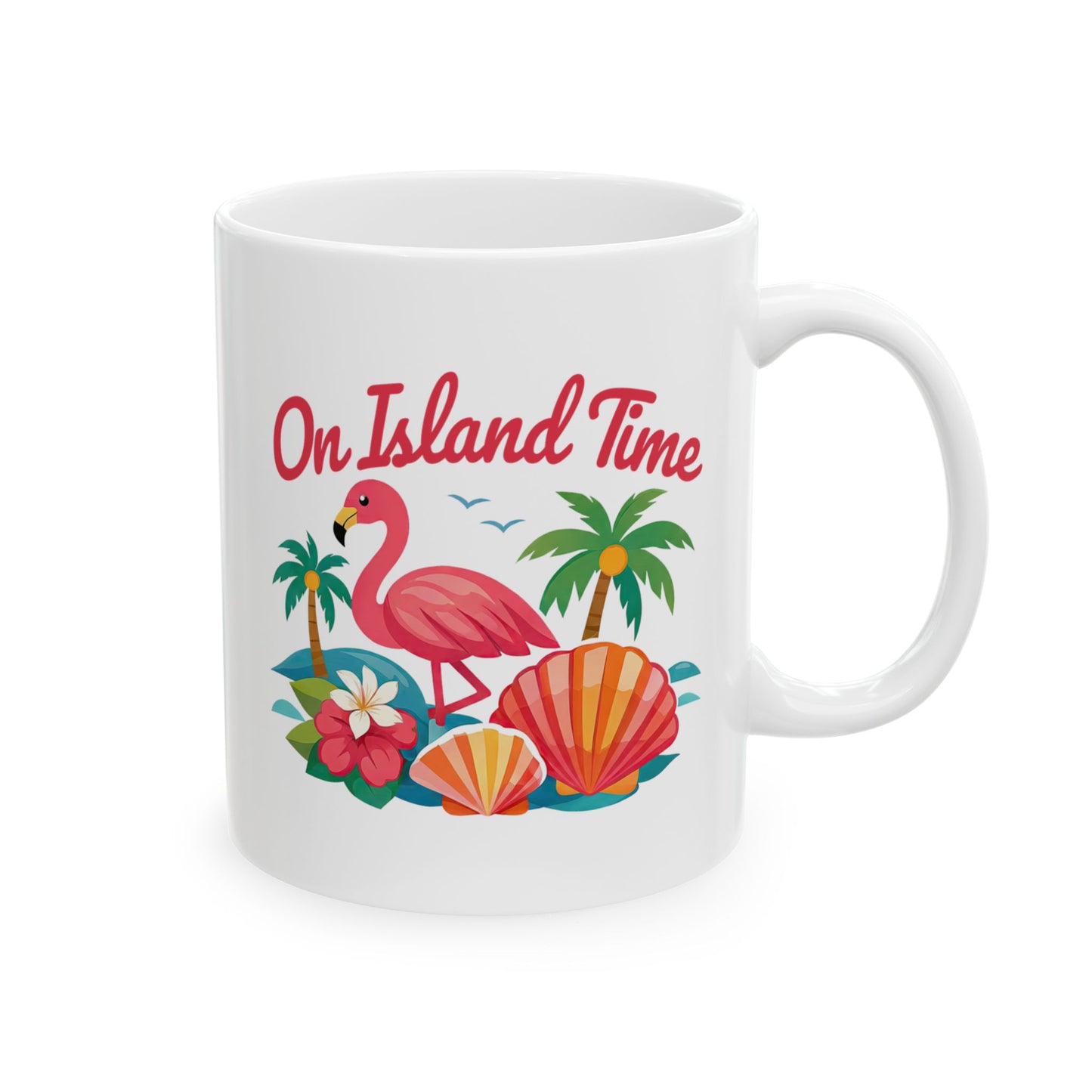 Tropical Flamingo Ceramic Mug — "One Time" Beach Shell Palm Design (11oz/15oz)