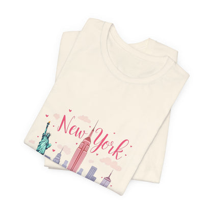 New York City Skyline T-Shirt – Cute Pink Taxi & Statue of Liberty Graphic Tee