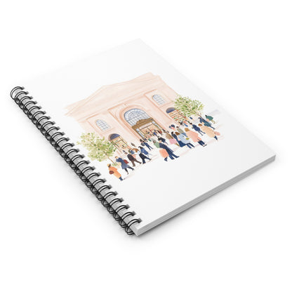 City Market Scene Spiral Notebook — Illustrated Crowd & Grand Building Ruled Journal