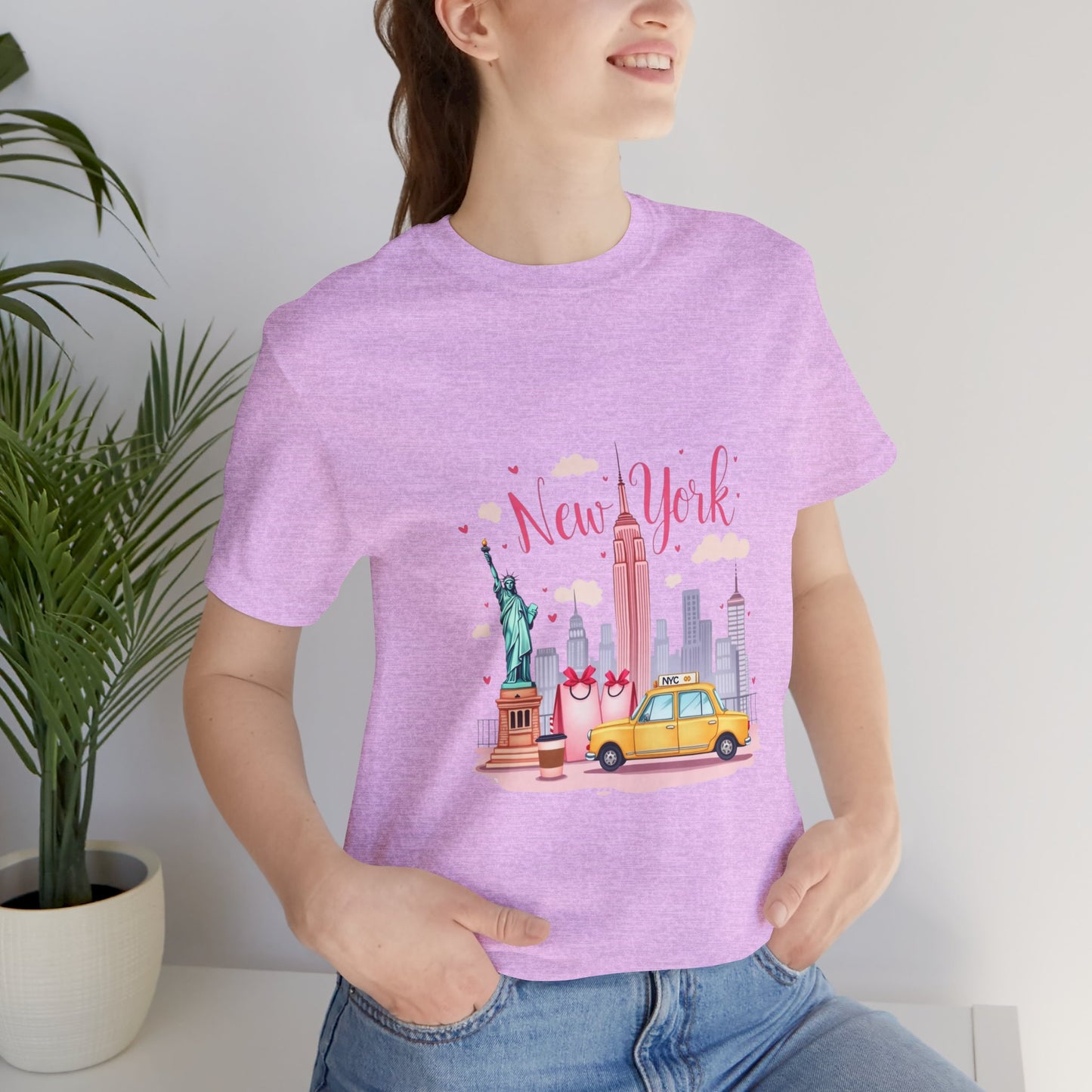 New York City Skyline T-Shirt – Cute Pink Taxi & Statue of Liberty Graphic Tee