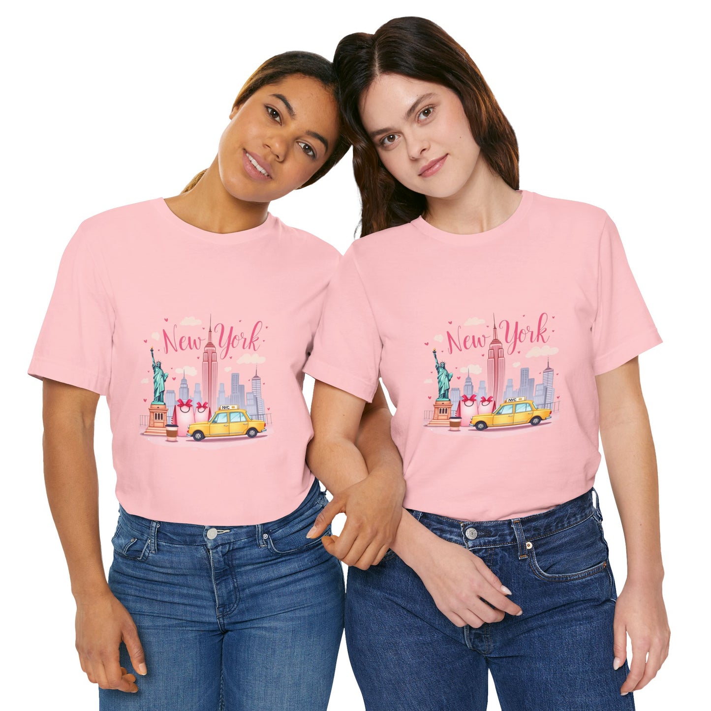 New York City Skyline T-Shirt – Cute Pink Taxi & Statue of Liberty Graphic Tee