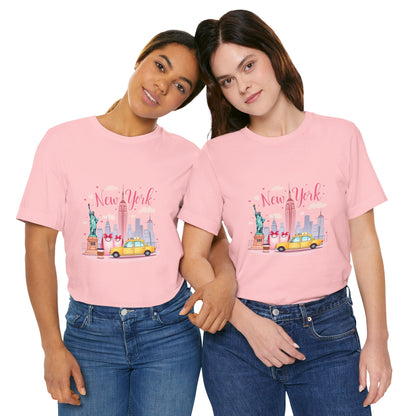New York City Skyline T-Shirt – Cute Pink Taxi & Statue of Liberty Graphic Tee