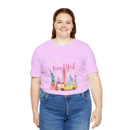 New York City Skyline T-Shirt – Cute Pink Taxi & Statue of Liberty Graphic Tee