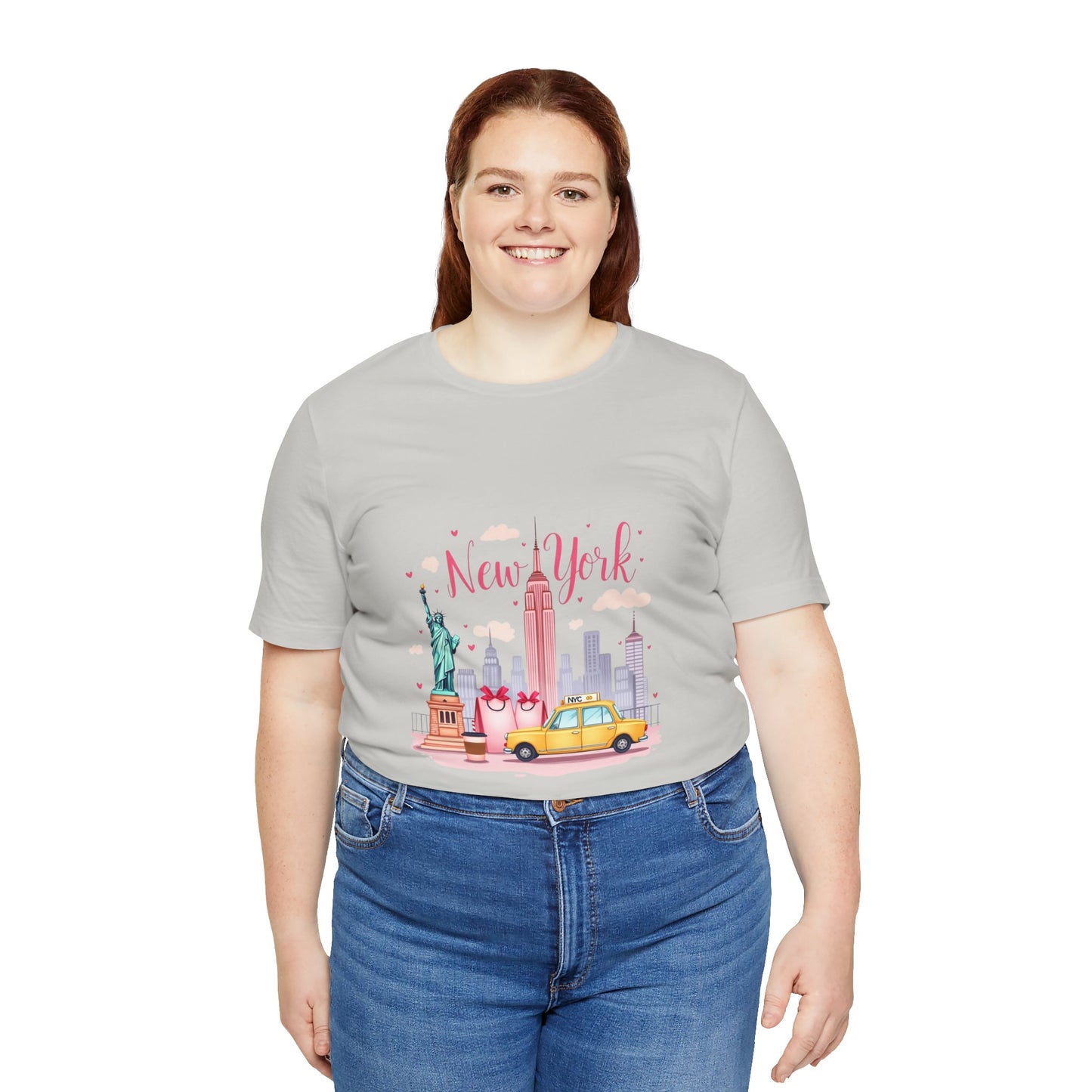 New York City Skyline T-Shirt – Cute Pink Taxi & Statue of Liberty Graphic Tee