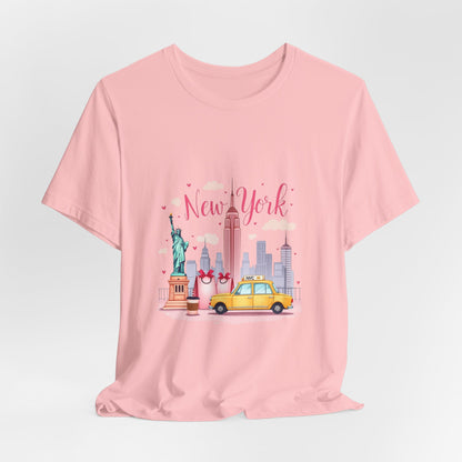New York City Skyline T-Shirt – Cute Pink Taxi & Statue of Liberty Graphic Tee