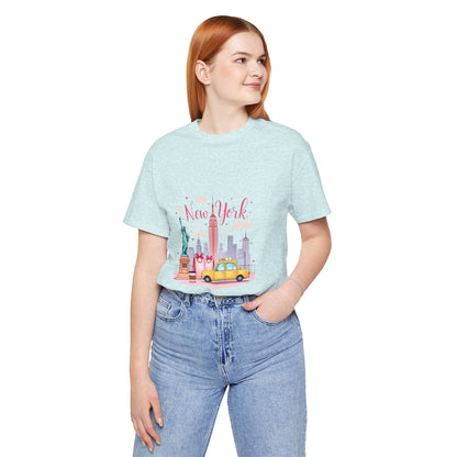 New York City Skyline T-Shirt – Cute Pink Taxi & Statue of Liberty Graphic Tee