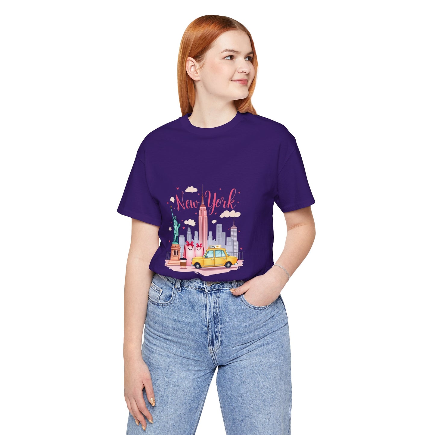 New York City Skyline T-Shirt – Cute Pink Taxi & Statue of Liberty Graphic Tee
