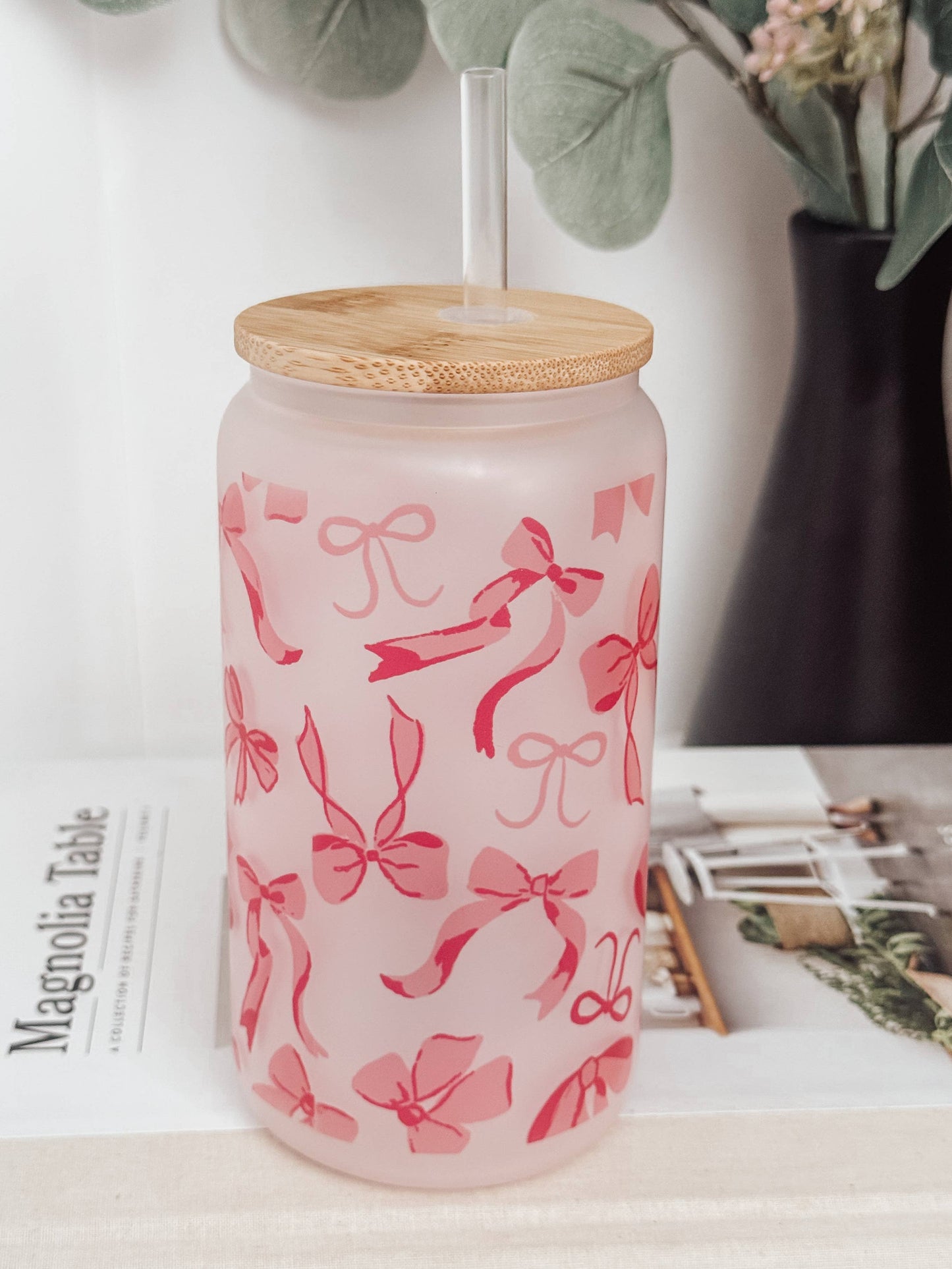 Pink Bows #2 16oz Glass Cup with Bamboo Lid: Frosted