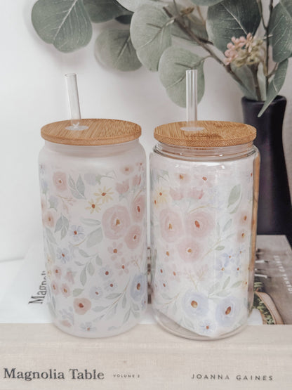Spring Blooms 16oz Glass Cup with Bamboo Lid: Clear