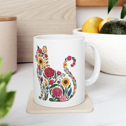 Floral Cat Ceramic Mug – Colorful Botanical Cat Coffee Cup (11oz & 15oz)