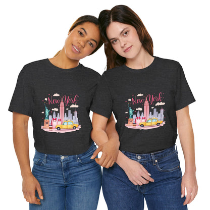 New York City Skyline T-Shirt – Cute Pink Taxi & Statue of Liberty Graphic Tee