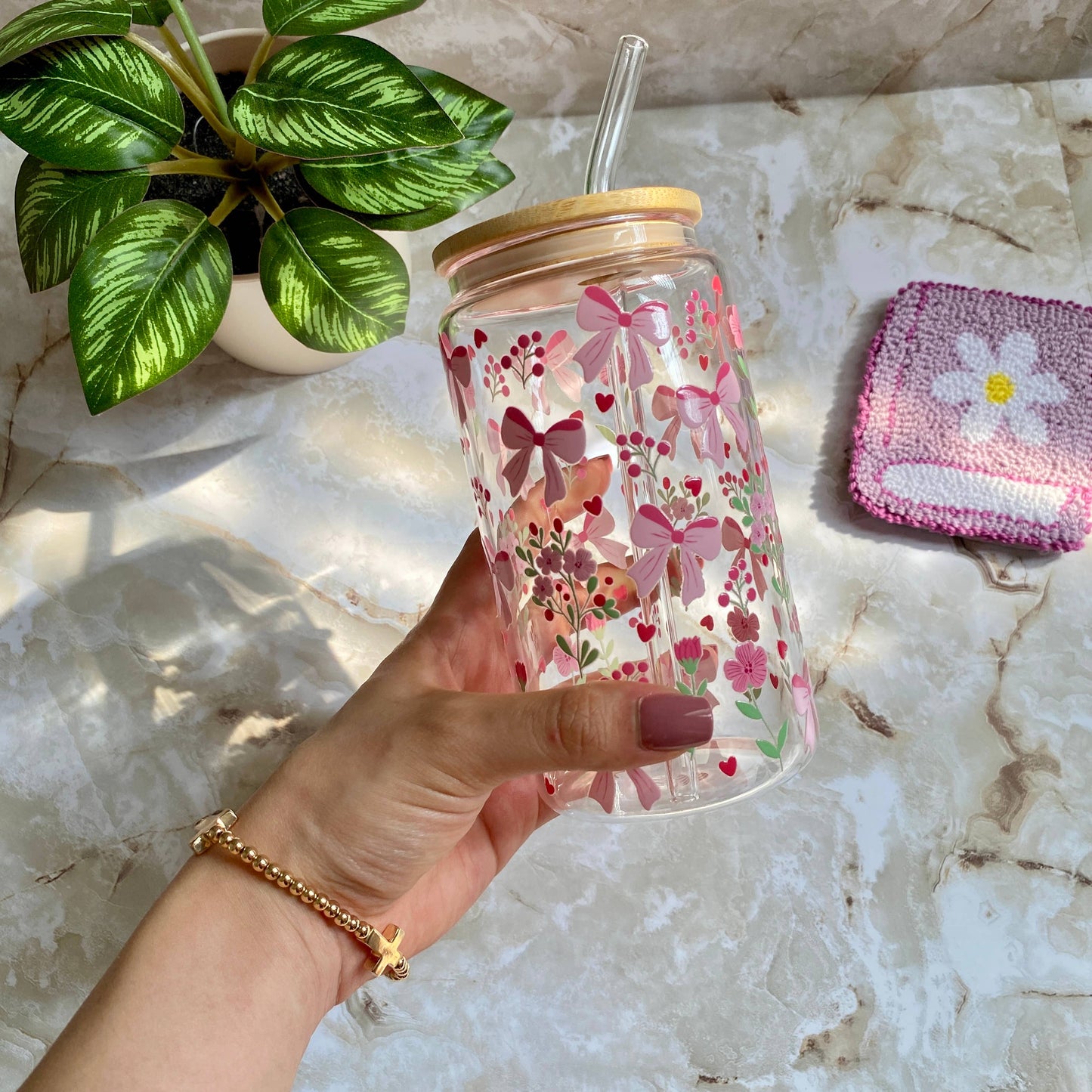 Pink Flowers Bow Mug Iced Coffee Glass Cup Lid and Straw