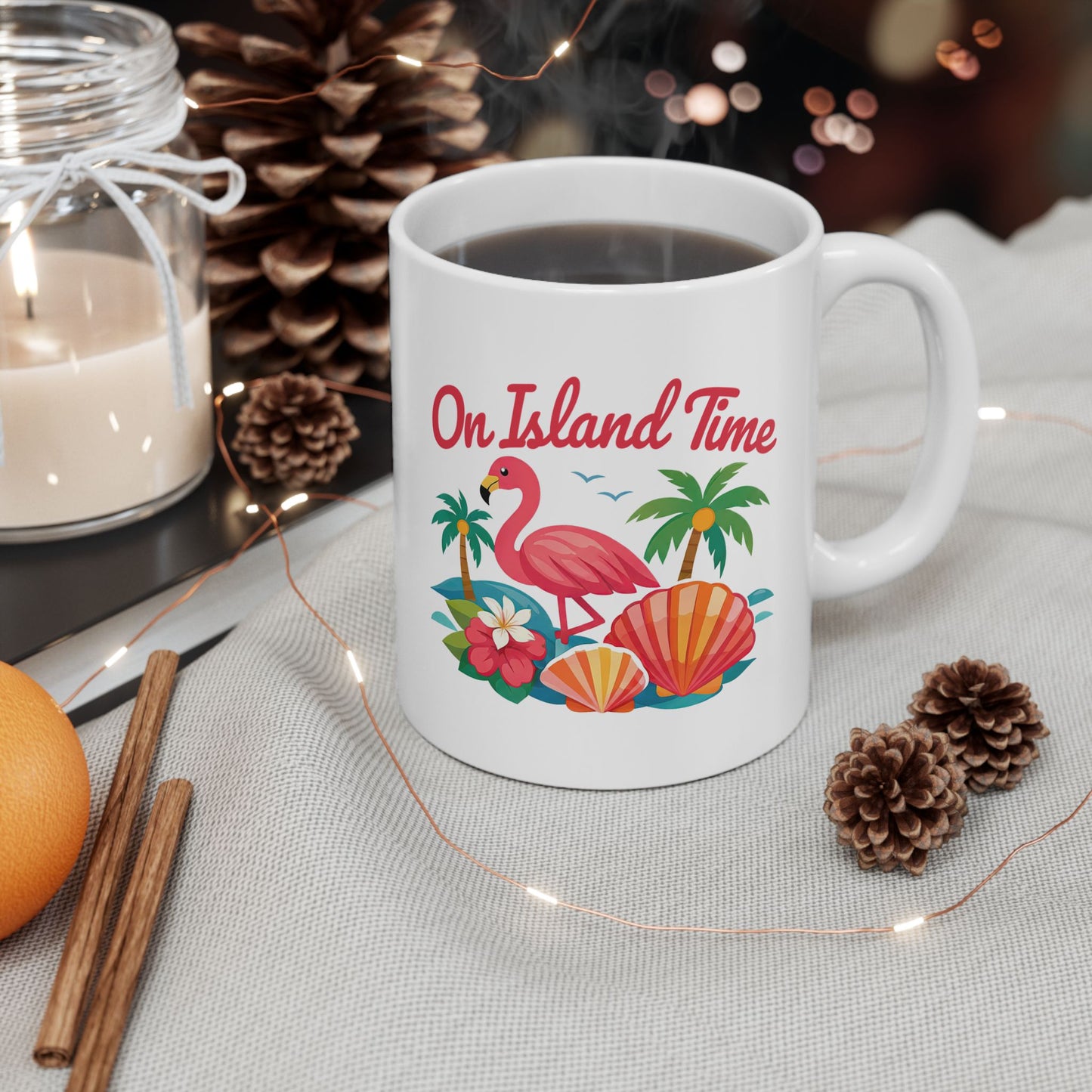 Tropical Flamingo Ceramic Mug — "One Time" Beach Shell Palm Design (11oz/15oz)