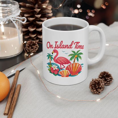 Tropical Flamingo Ceramic Mug — "One Time" Beach Shell Palm Design (11oz/15oz)