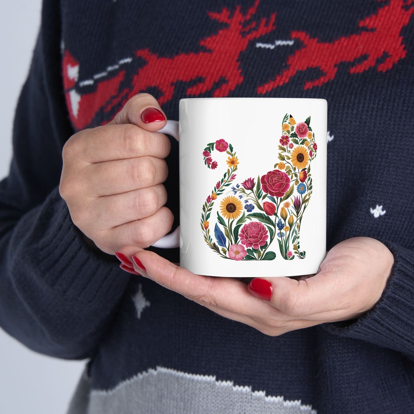 Floral Cat Ceramic Mug – Colorful Botanical Cat Coffee Cup (11oz & 15oz)