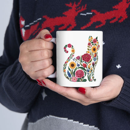 Floral Cat Ceramic Mug – Colorful Botanical Cat Coffee Cup (11oz & 15oz)