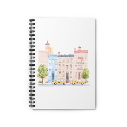 City Street Spiral Notebook — Pastel Townhomes with Yellow Taxis, Ruled Journal