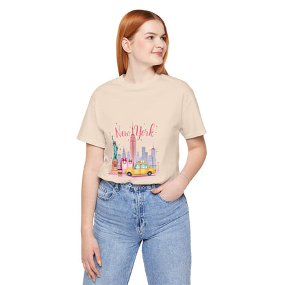 New York City Skyline T-Shirt – Cute Pink Taxi & Statue of Liberty Graphic Tee