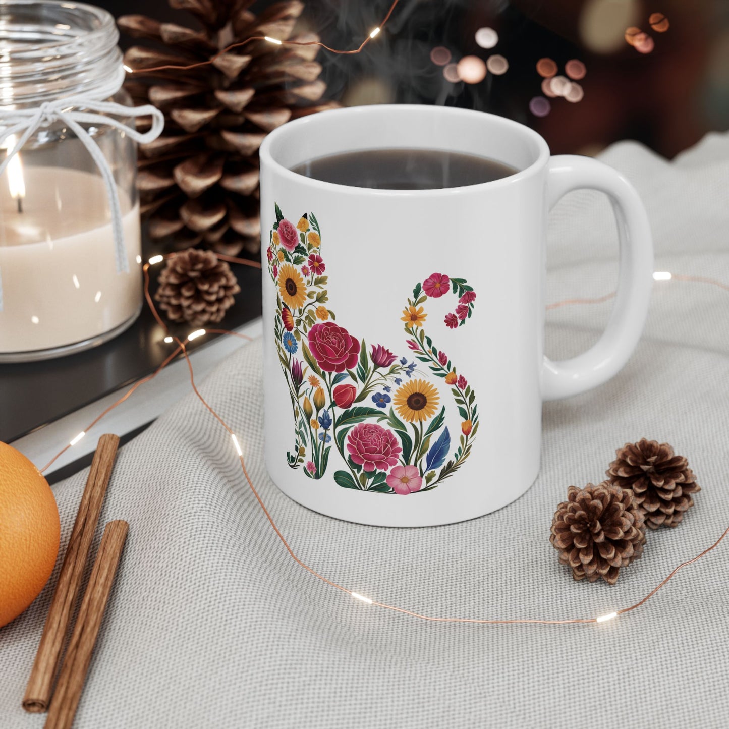 Floral Cat Ceramic Mug – Colorful Botanical Cat Coffee Cup (11oz & 15oz)