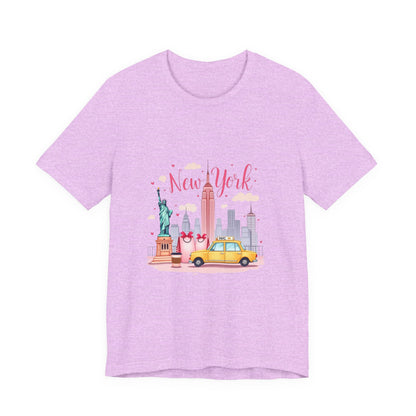 New York City Skyline T-Shirt – Cute Pink Taxi & Statue of Liberty Graphic Tee