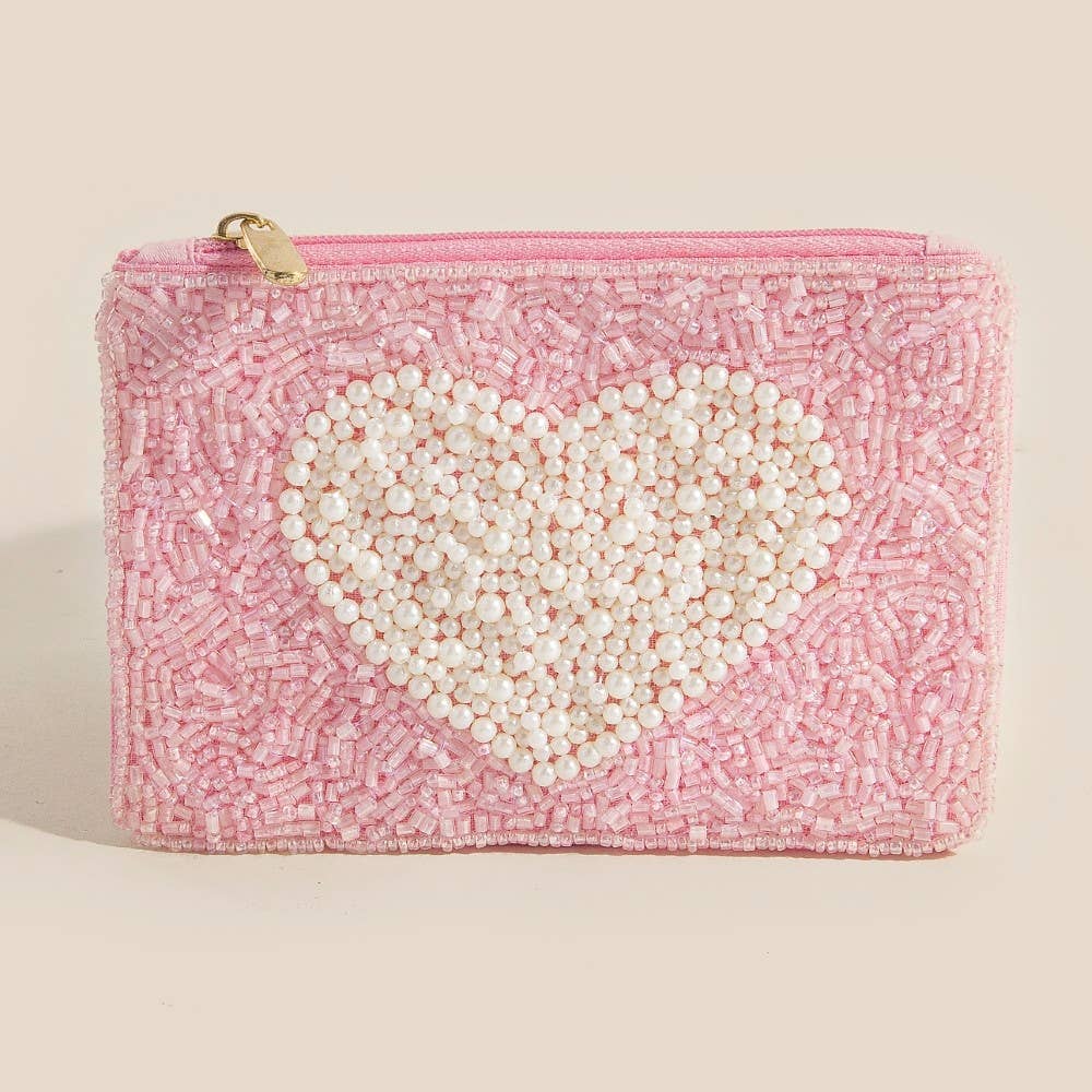 Pearl Heart Seed Beaded Coin Purse: MULTI