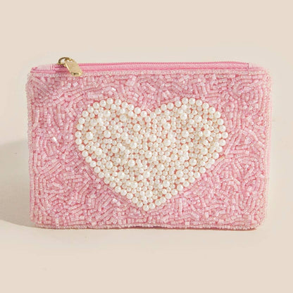 Pearl Heart Seed Beaded Coin Purse: MULTI