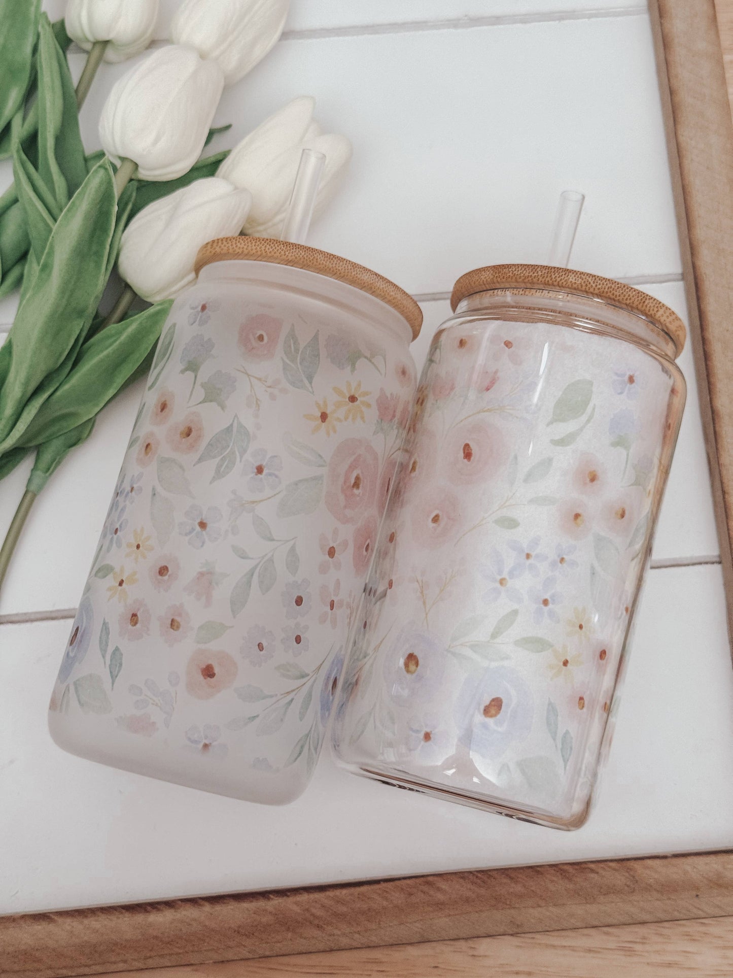 Spring Blooms 16oz Glass Cup with Bamboo Lid: Clear