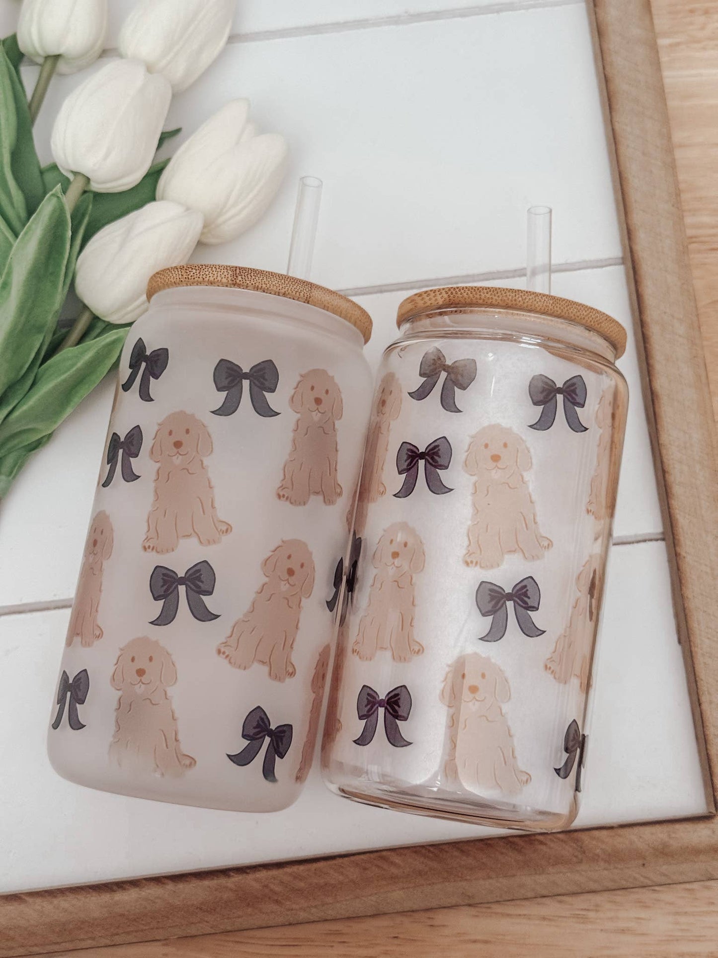 Dogs and Bows 16oz Glass Cup with Bamboo Lid: Frosted