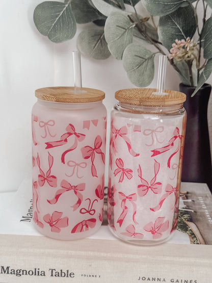 Pink Bows #2 16oz Glass Cup with Bamboo Lid: Frosted