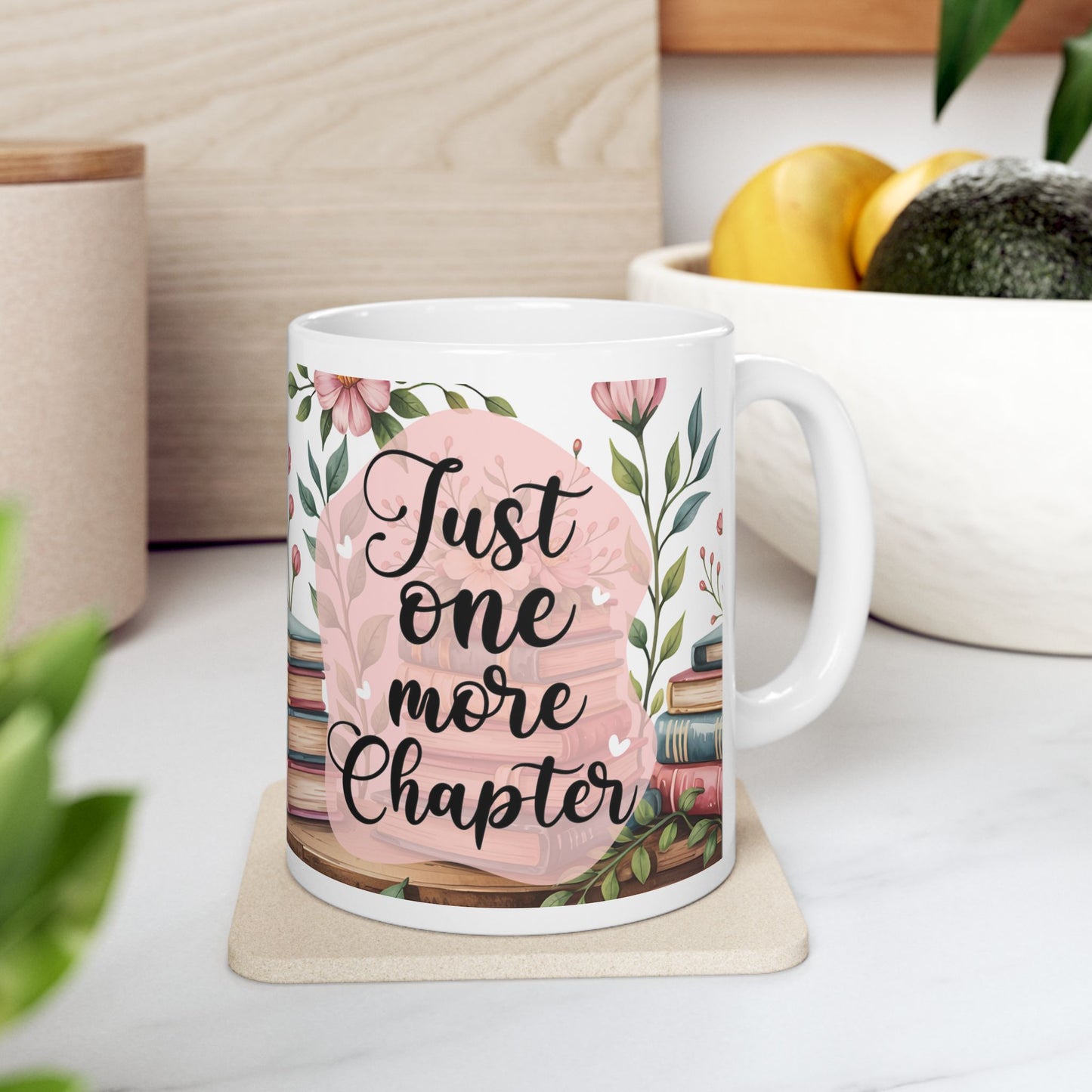 Book Lover Ceramic Mug – "Just One More Chapter" Floral Stack Coffee Cup (11oz/15oz)