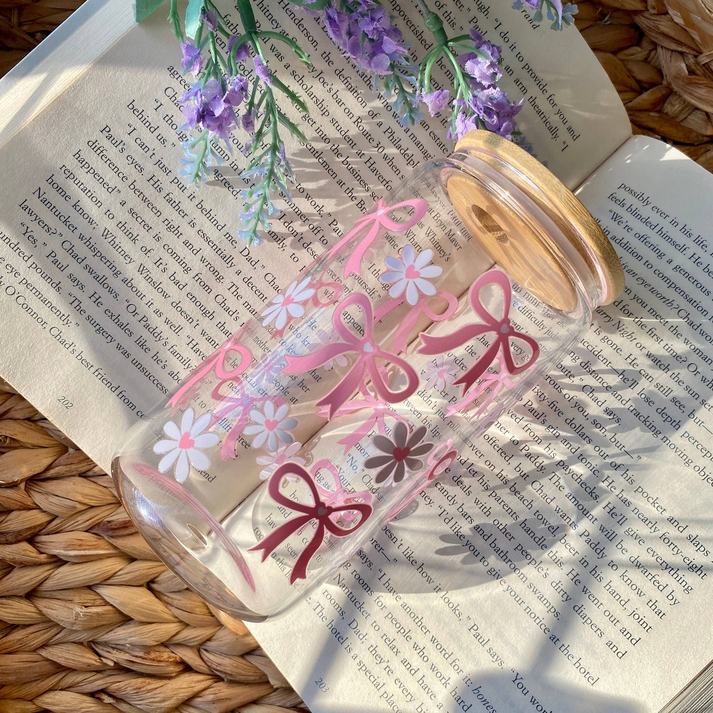 Simple Pink Bow Mug Iced Coffee Glass Cup with Lid and Straw